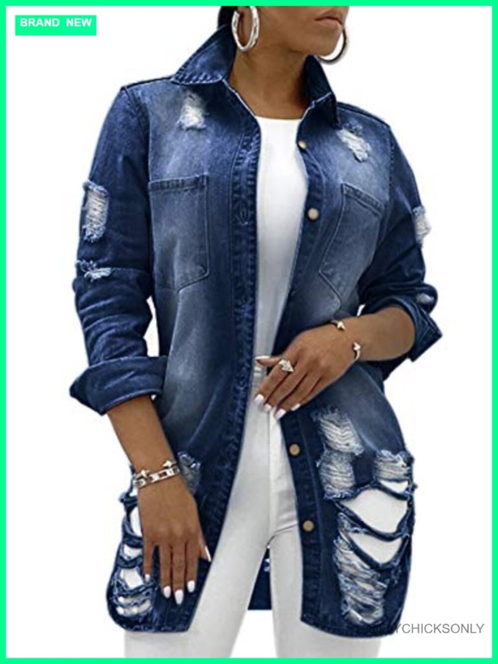 Long Denim Jacket Women Classic Trucker Ripped Jean Coat Loose Fit